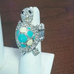 Silver and Turquoise Turtle Ring - Stretch Band